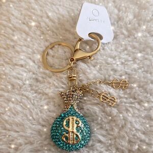 Rhinestone Money Bag Keychain Charm – Gold Tone Bling Dollar Sign